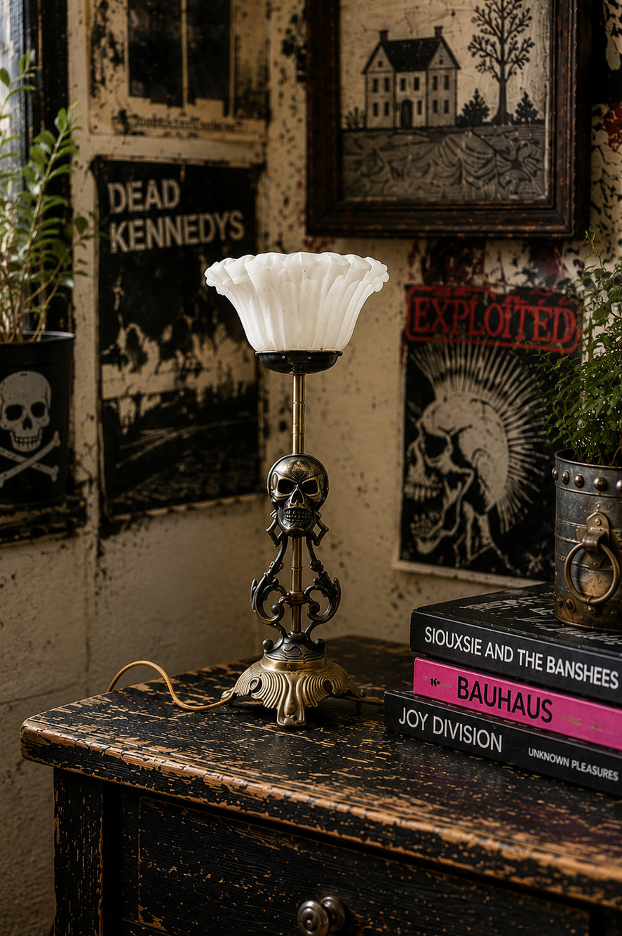 Vintage Metal Skull Base w/ White Ruffle Glass Lamp Shade